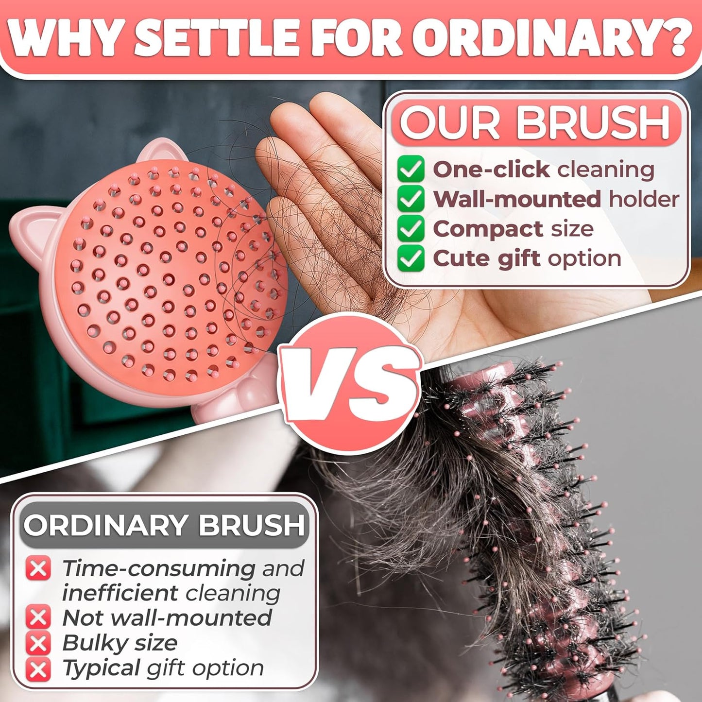 Retractable Hair Brush Pink Pig Designed - Compact 7.87 х 3.66 Inches Self Cleaning Hair Brush for Women with Magnetic Attach - Effective Detangling & Self Cleaning Hairbrushes with Soft Bristles