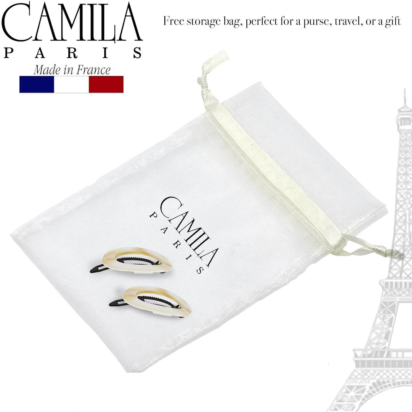 Camila Paris CP1994/2 French Hair Barrette Clip for Women, Handmade, Side Slide-in Metal-Free Closure Strong Hold Grip Hair Clips for Girls, No Slip Durable Styling Hair Accessories, Made in France