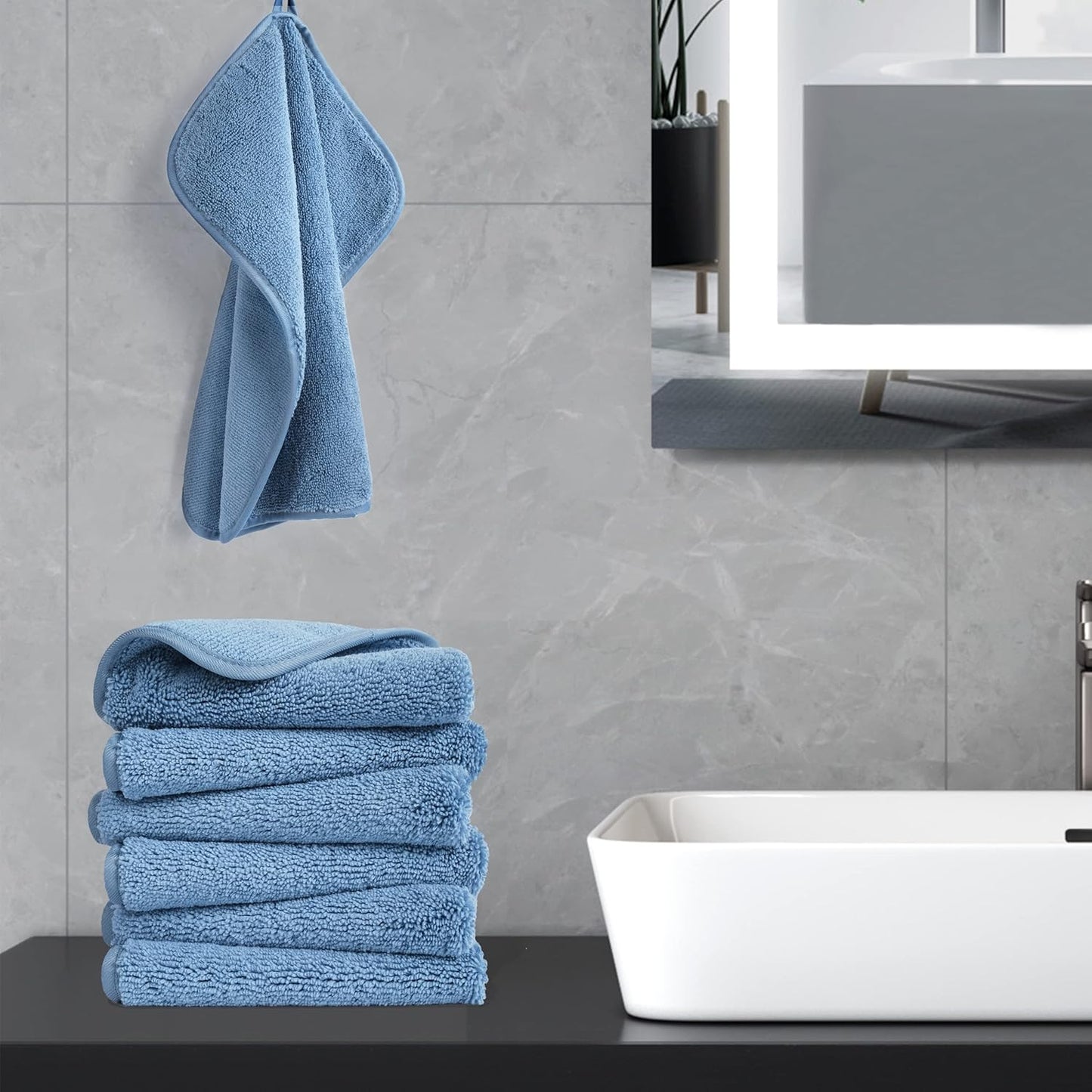 POLYTE Premium Lint Free Microfiber Washcloth Face Towel, 13 x 13 in, Set of 6 (Blue)