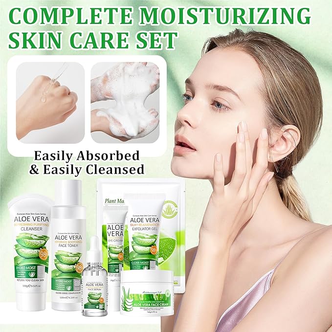 9 Pcs Aloe Vera Skin Care Set with Facial Cleanser,Toner,Face Serum,Face Cream,Eye Cream,Aloe Vera Gel,Hydrating Face Sheet Masks Skin Care Kit for Women and Men