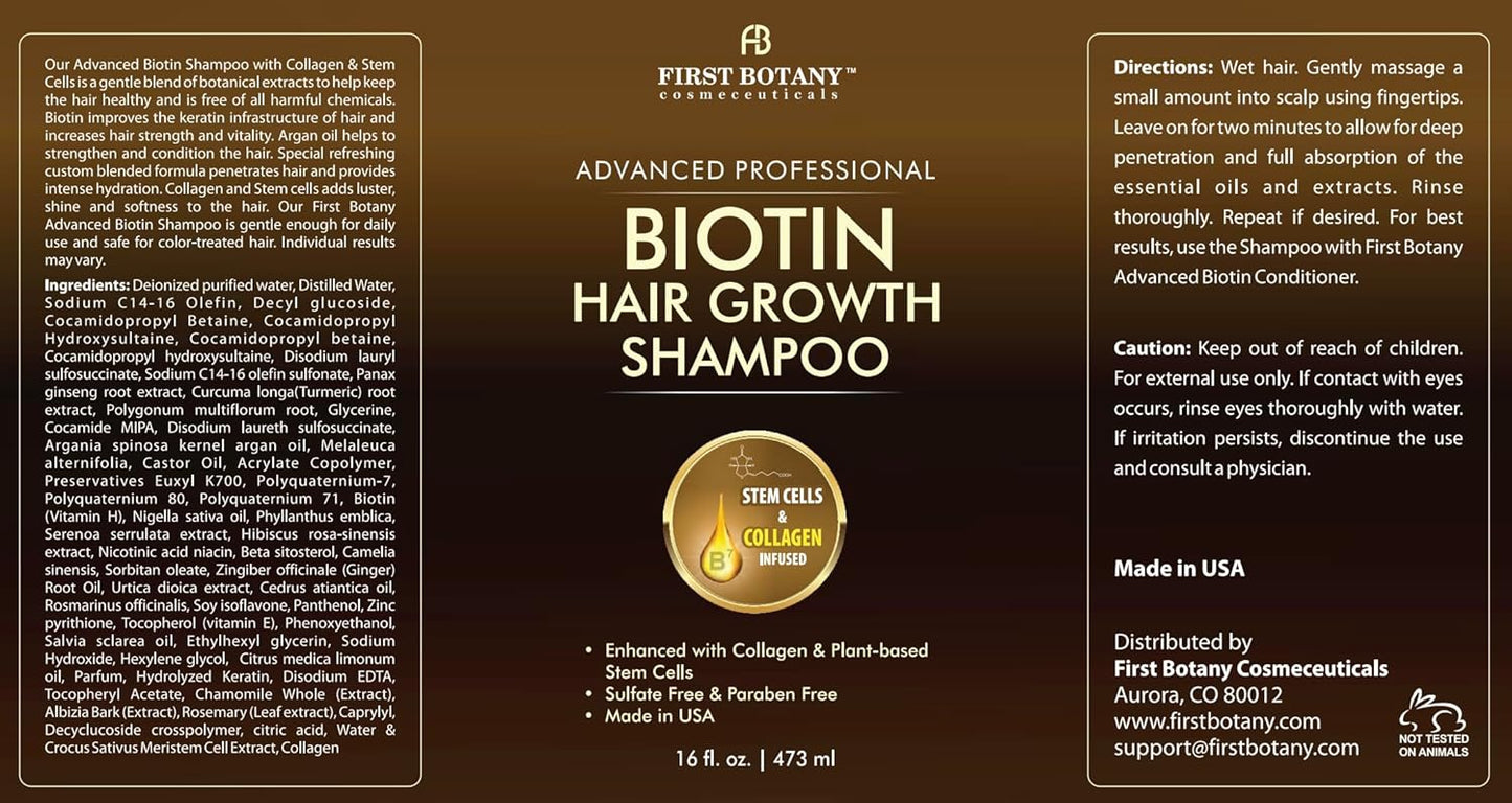 First Botany, Biotin Hair Growth Shampoo Conditioner Anti Hair Loss Thickening formula Collagen & Stem Cell For Hair Regrowth Anti Thinning Sulfate Free For Men Women Anti Dandruff Treatment 16 oz x2