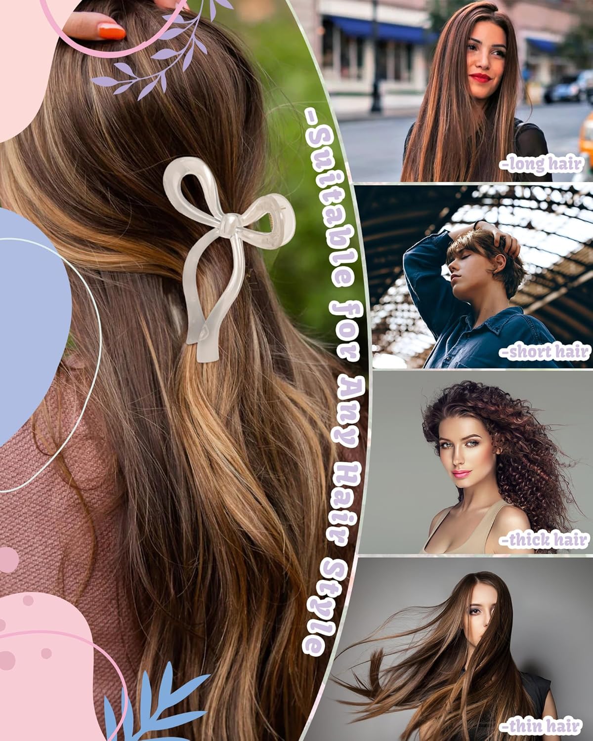 4 PCS Bow Hair Clips Bow Claw Clip for Women Nonslip Large Hair Claw Clips for Thin and Thick Hair Strong Hold Hair Bows (Orange+Coffee+Black+Champagne)