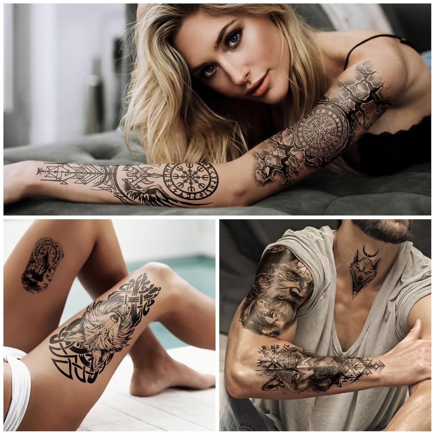 Viking Temporary Tattoos for Adults, 77 Sheets Viking Fake Tattoos for Men and Women, Black Large Norse Tattoo Sleeve Stickers