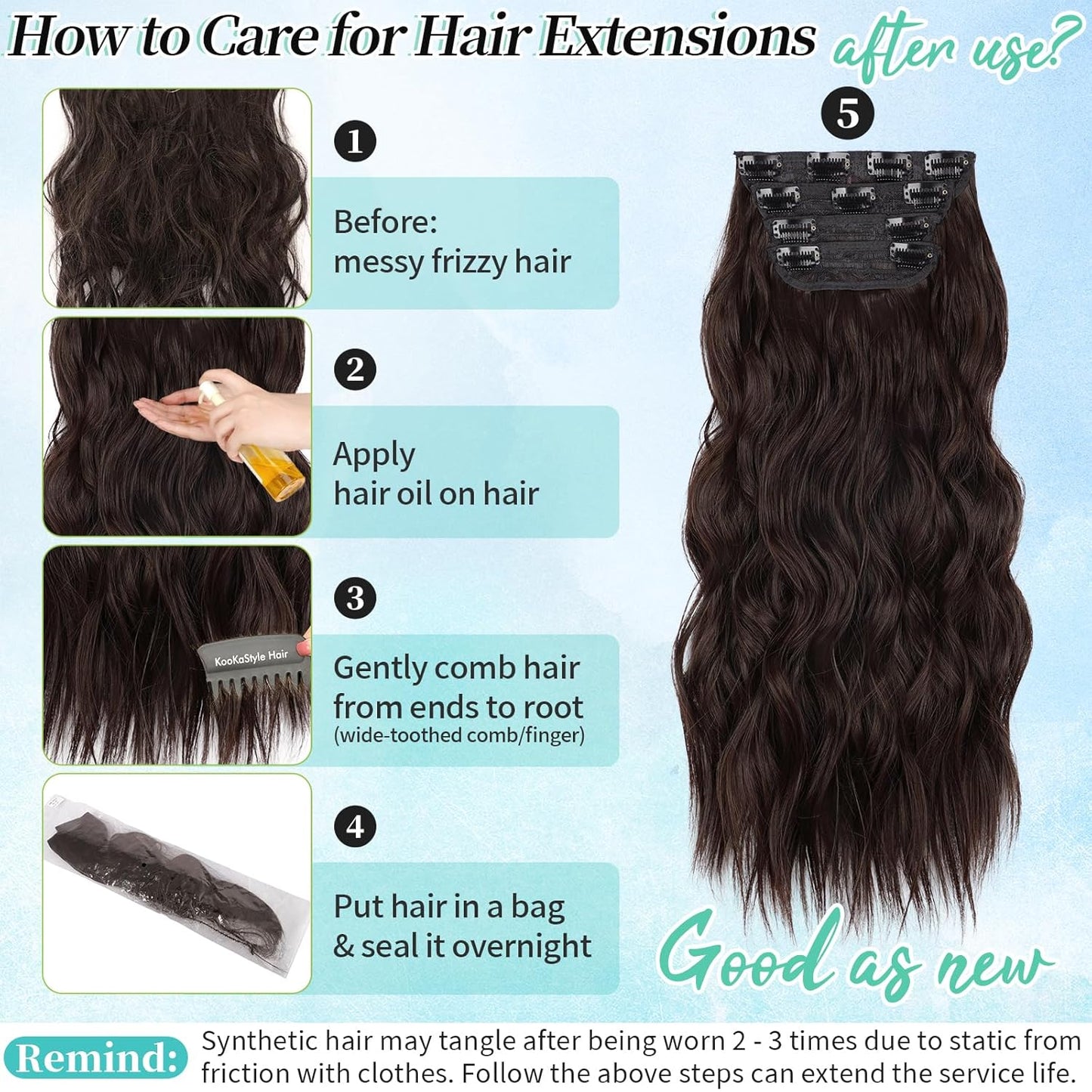 KooKaStyle Clip in Synthetic Hair Extensions Long Wavy 4PCS Thick Hairpieces Chocolate Brown 33Y# Fiber Double Weft Natural Hair Extensions 20 Inch for Women