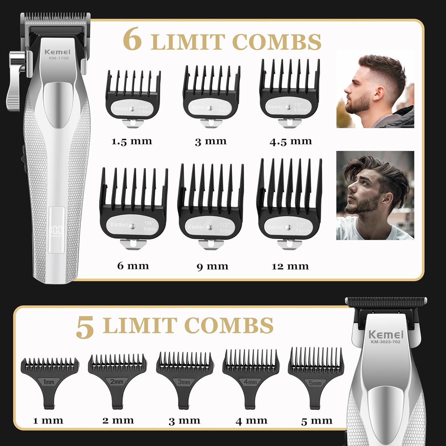 KEMEI Professional Hair Clippers for Men, Cordless Barber Clippers with Full Metal Body, DLC Blade Hair Trimmer with LED Display, KM-1798, KM-3023-702