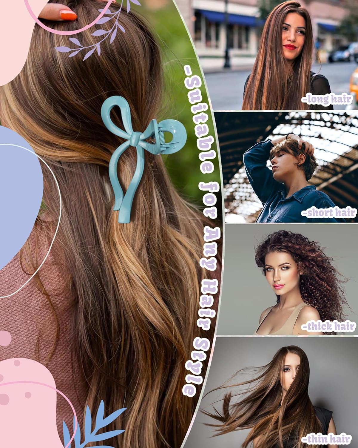 4 PCS Bow Hair Clips Bow Claw Clip for Women Nonslip Large Hair Claw Clips for Thin and Thick Hair Strong Hold Hair Bows (Pink+Watermelon Red+Light Purple+Sky Blue)