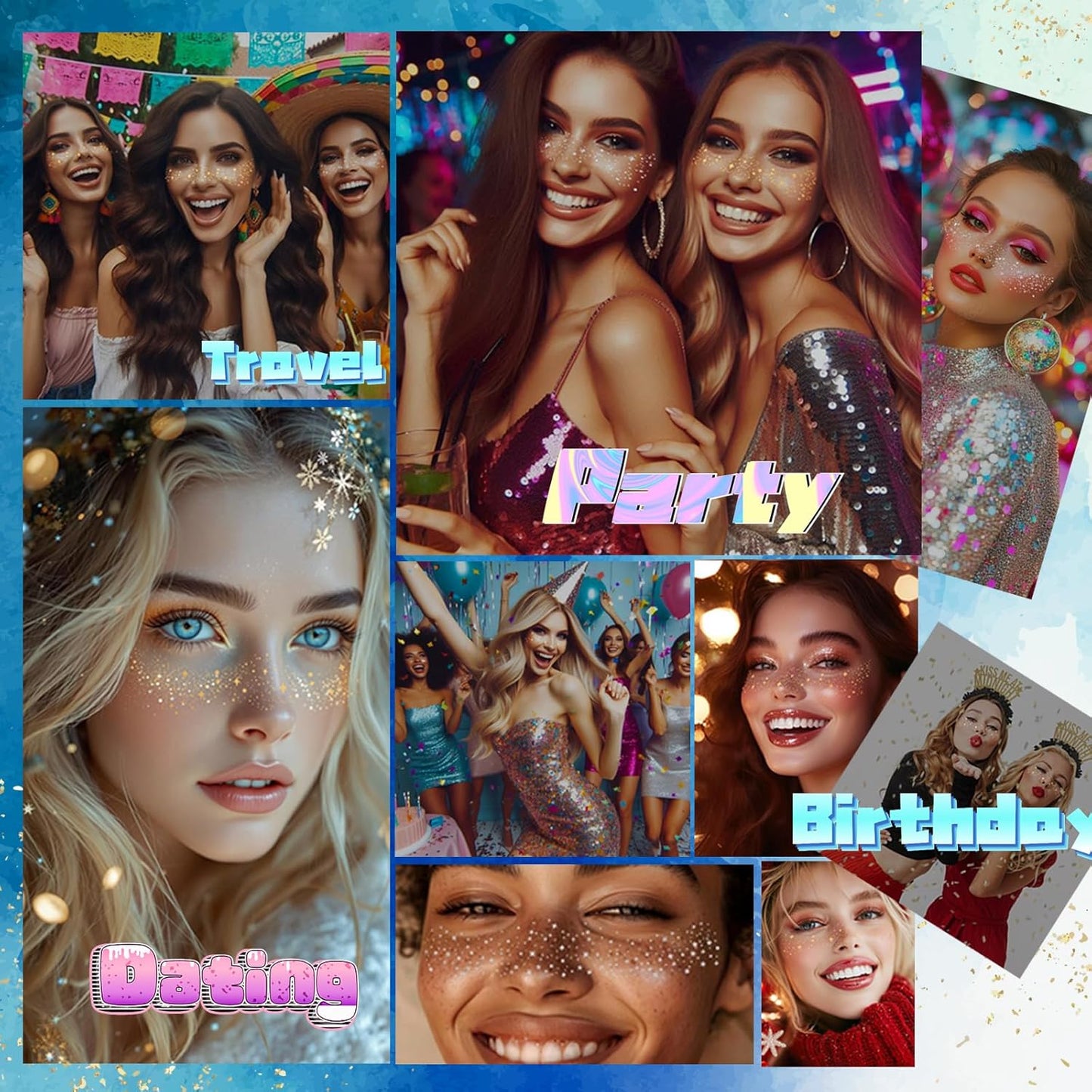 Glitter Freckles, 12 Pcs Sparkle Glitter Freckles Face Halloween Tattoos for Women Girls Temporary Face Tattoos Halloween Makeup Concert Festival Rave Accessories