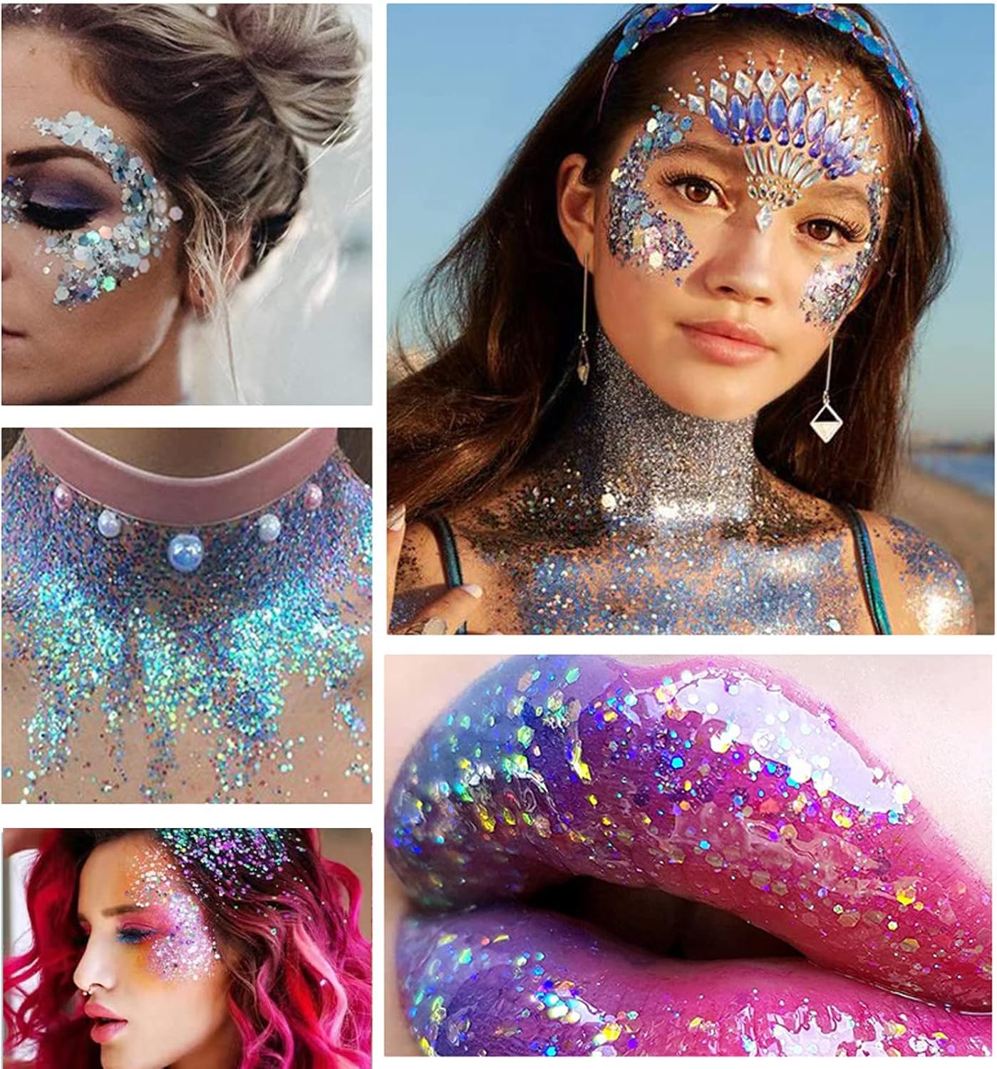 Peach Pink Body Glitter, Mermaid Face Glitter Gel, Singer Concerts Music Festival Rave Accessories, Liquid Holographic Chunky Glitter Makeup for Lip Eye Hair Body