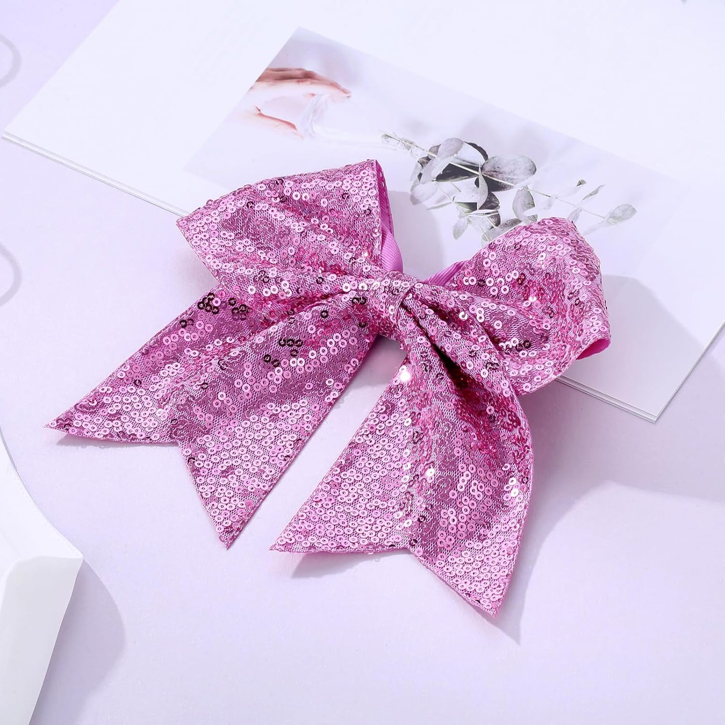 Large Big 7 Inch Glitter Bow Clip Sequin Bling Party Hair Accessories for Women Teens Girls Kids 2 Pcs (Pink, Light Purple)