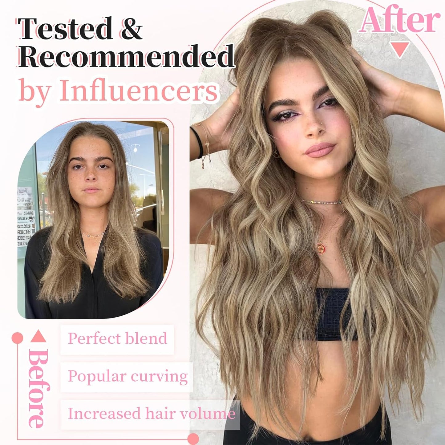 KooKaStyle Clip in Synthetic Hair Extensions Long Wavy 4PCS Thick Hairpieces Ash Blonde Balayage Fiber Double Weft Natural Hair Extensions 20 Inch for Women