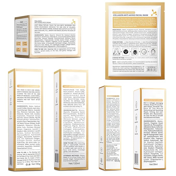 Collagen Skin Care Set, Anti Aging Skincare Set for Reduce Wrinkles, Shrink Pores, Smooth Fine Lines, Hydrating, 4 Pcs Travel Skincare Kits for Women with Cleanser, Serum, Cream, Eye Cream.