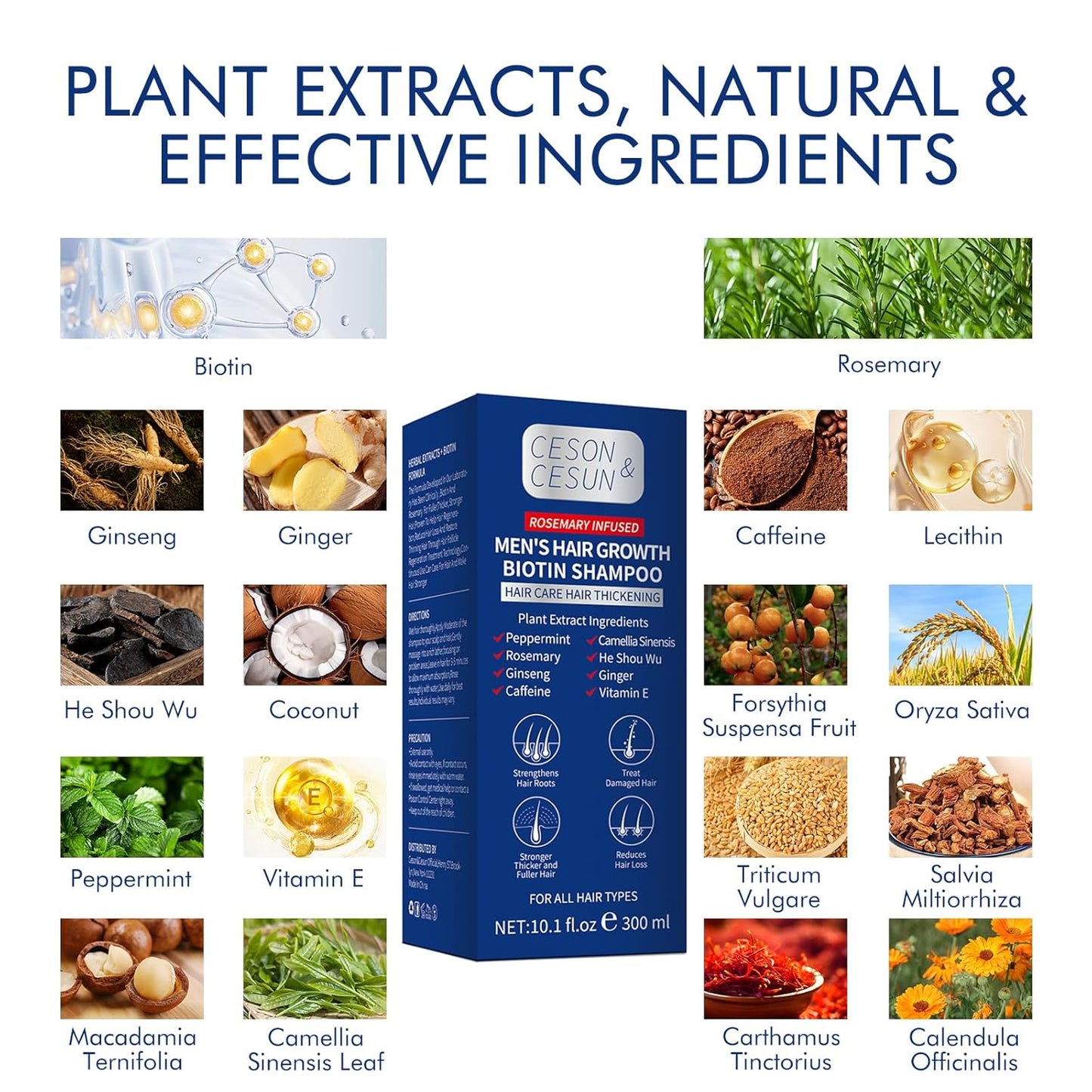 Ceson&Cesun Rosemary & Biotin Hair Growth Thickening Shampoo for Men | Anti-Thinning Hair Strengthening | Hydrate Cleanse Hair & Scalp | Hair Regrowth Shampoo, Dry Damaged Hair Care For Men and Women