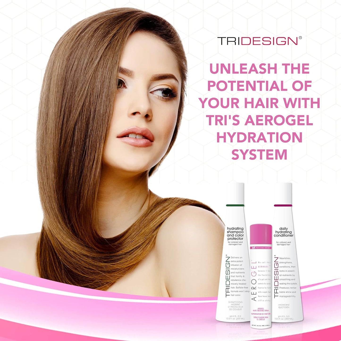 TRI Design Aerogel Hairspray 10.5 oz., Hydrating Shampoo 10.5 oz. and Daily Hydrating Conditioner 10.5 oz. - Color Safe Shampoo and Conditioner with Hairspray for Women and Men