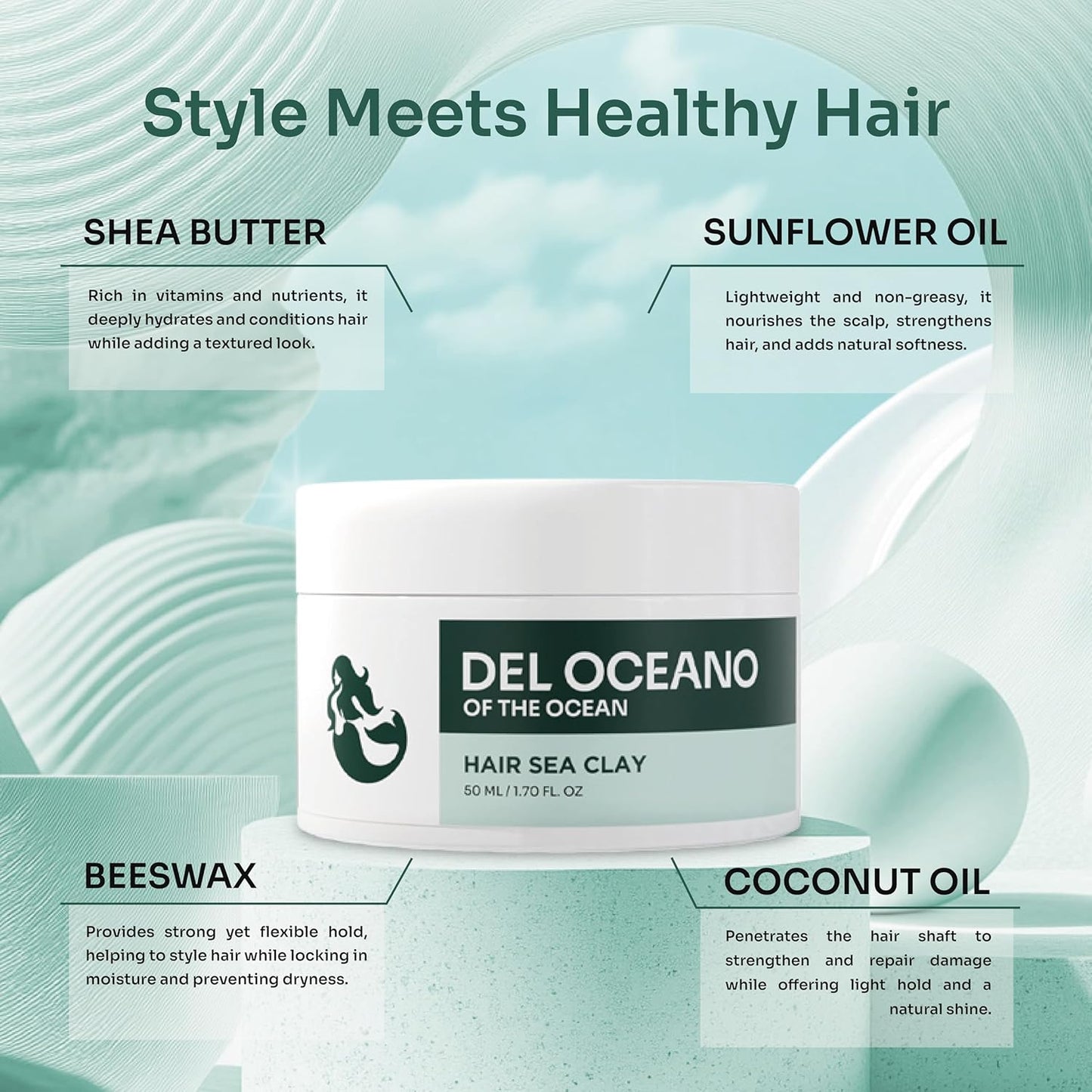 Del Océano Hair Styling Sea Clay - Strong Hold, Matte Finish, Nourishing Formula Hair Clay for Men, Ideal for Hairstyling Medium, Messy, Fine Thinning Hair Styles, 2.7 oz