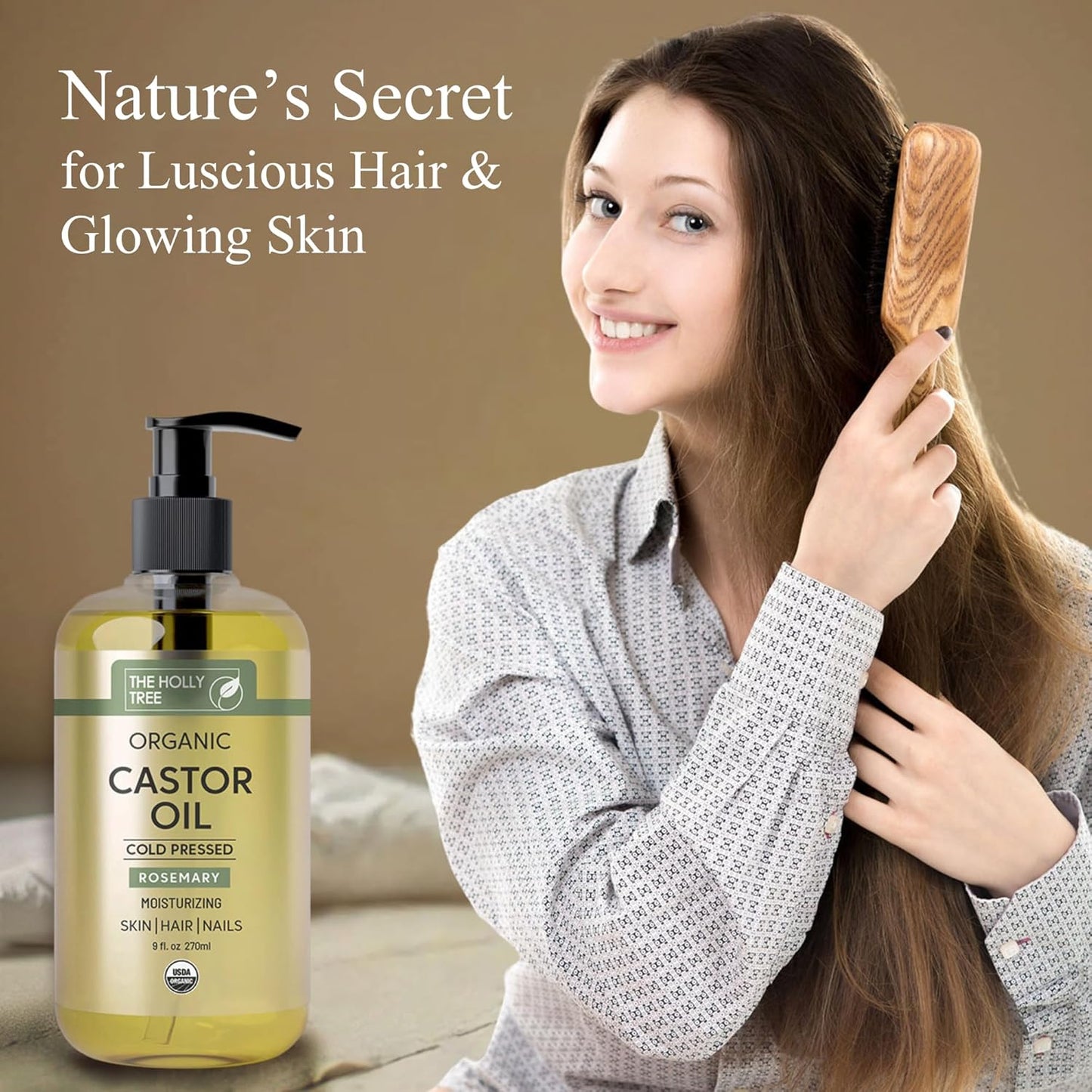 Organic Castor Oil 9 fl oz - Rosemary Infused Cold Pressed - 100% Pure & Hexane Free - Castor Oil for Hair Growth - Moisturizing & Nourishing for Face & Body - The Holly Tree