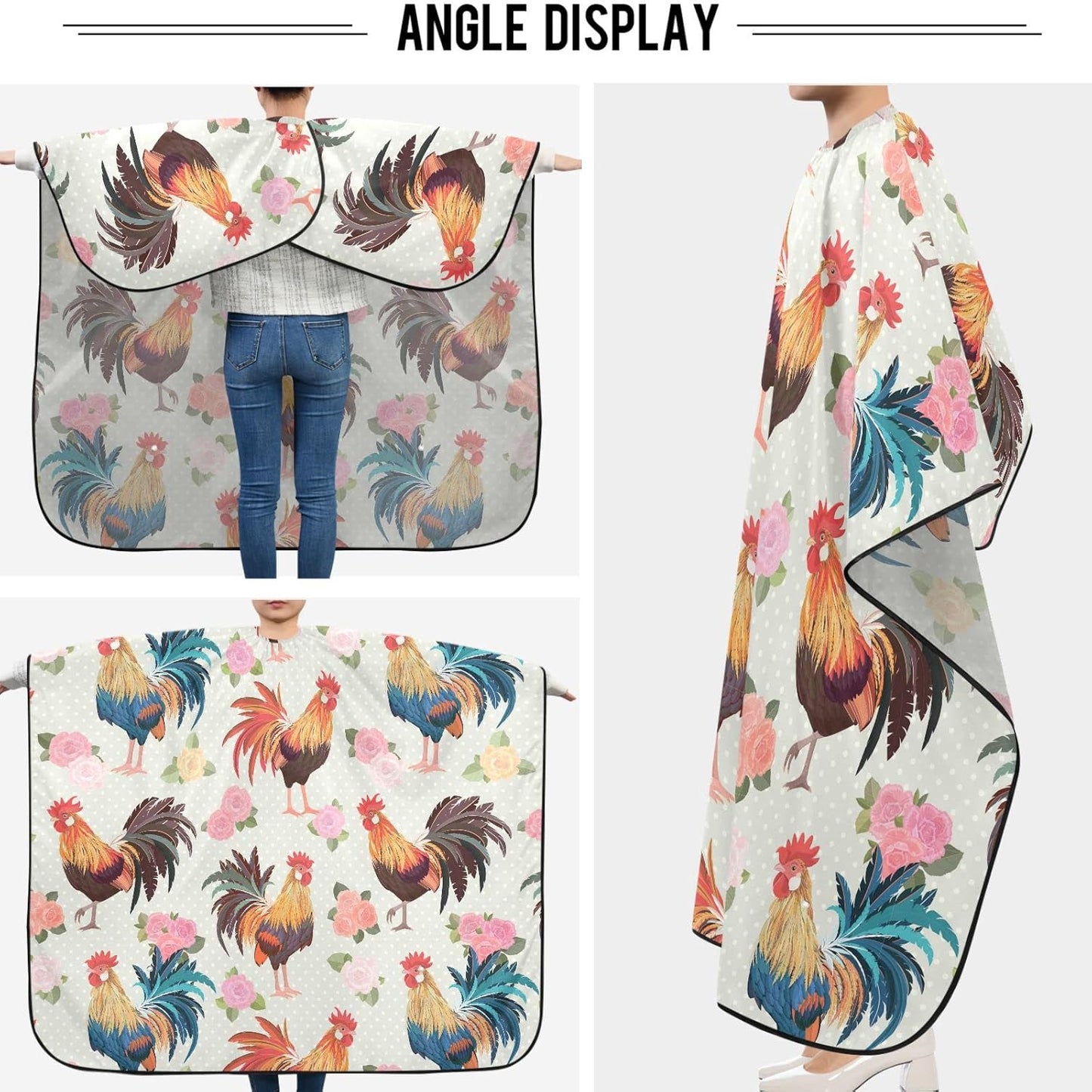 visesunny Barber Cape Cute Rooster Rose Polyester Hair Cutting Salon Cape Apron Anti-Static Haircut Water-Resistant Shaving Cloth Beard Shaving Bib Hairdressing Cape