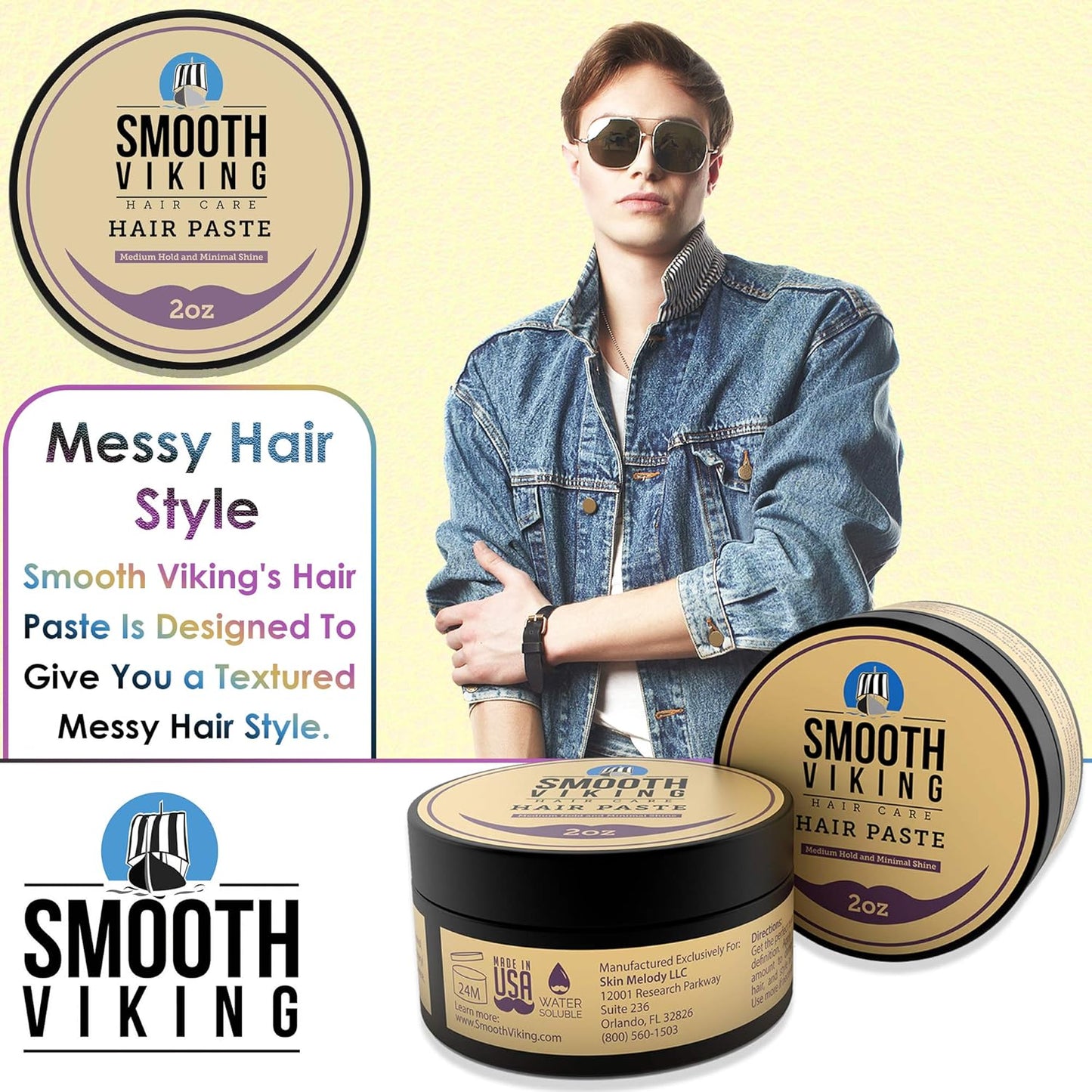 Smooth Viking Hair Paste for Men - Hair Styling Cream with Minimal Shine & Medium Hold Hair Products for Men, Hair Cream for Men, Styling Paste for Textured Messy Hairstyle - Made in USA, 2oz