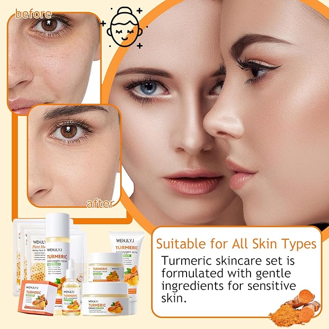 Turmeric Soap Skincare Set with Honey Face Sheets Mask,Hydrating Travel Size Turmeric Face Wash,Moisturizing Face Toner & Face Serum & Face Cream,Eye Cream Skin Care Gift Set for Women(9PCS)