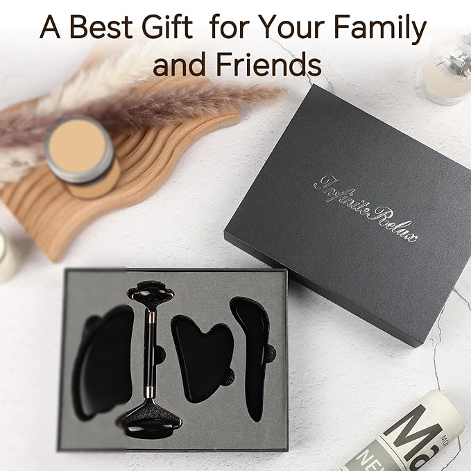 Natural Jade & Obsidian Gua Sha Set of 4 - Premium Face Sculpting Tools Eyes Roller Massager Jade Roller for Jawline, Double Chin Reduction & Lymphatic Drainage Women's Anti-Aging Skincare Kit