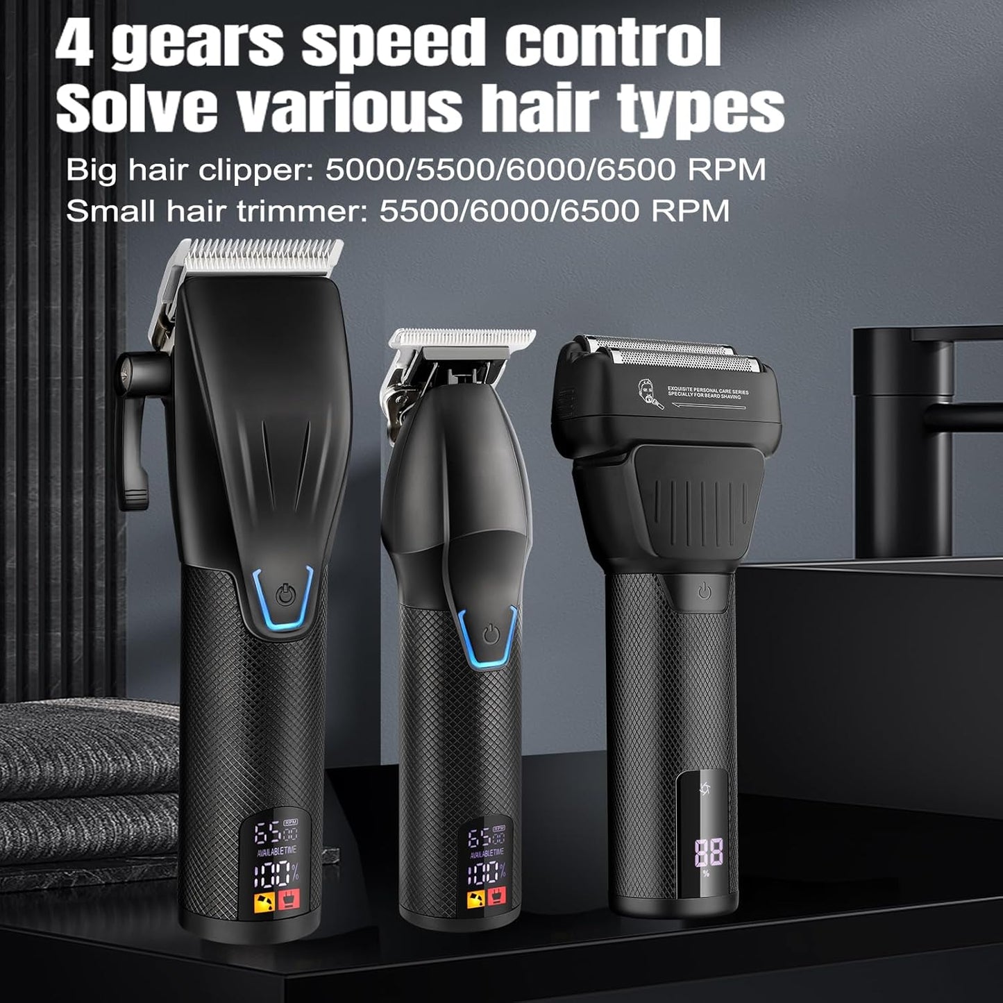 Professional Hair Clippers for Men - Cordless Beard Trimmer Electric Razor Foil Shavers, Barber Clippers Hair Trimmer Rechargeable Hair Grooming Kit, LCD Display, Gifts for Men (Black)