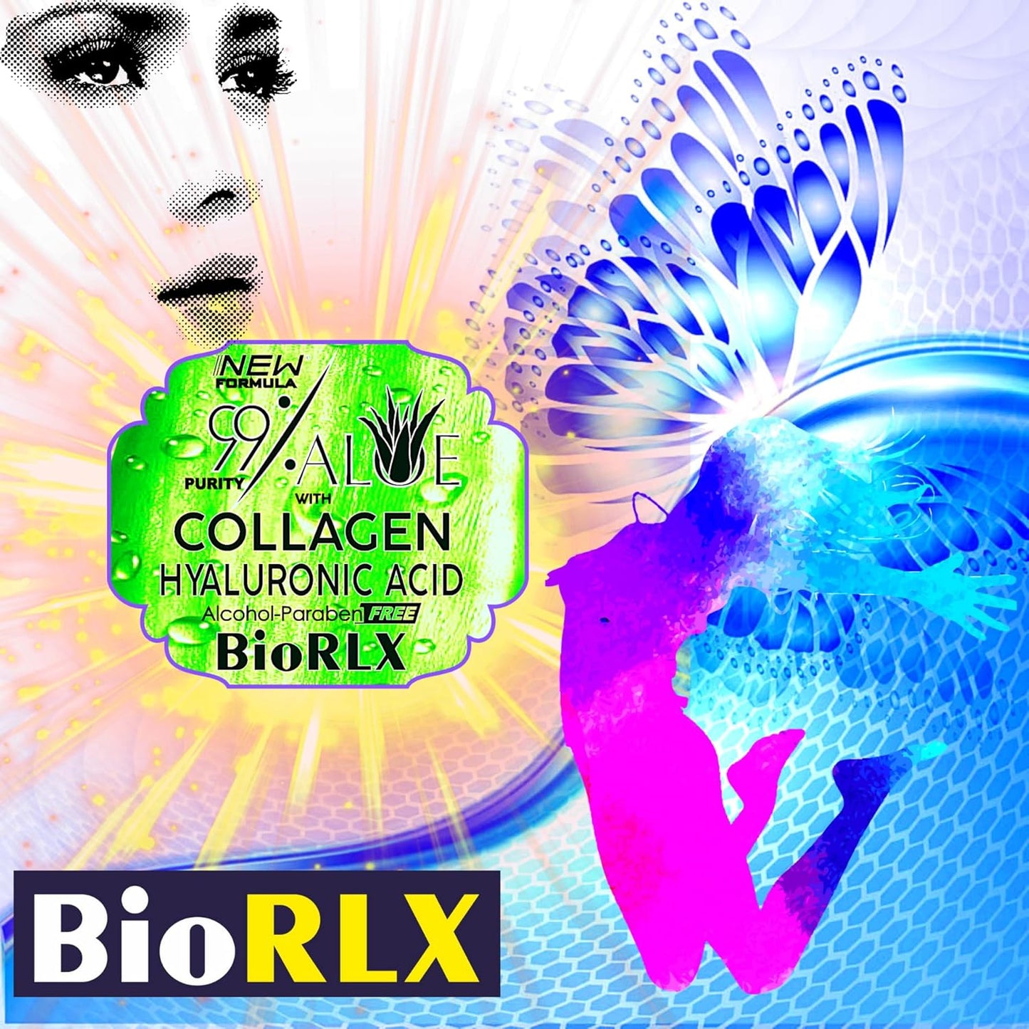 BioRLX 99% Aloe Vera Gel with Collagen and Hyaluronic Acid 250 Ml 8.5 Fl Oz - For Face Body, Hair & Scalp, After Sun Relief, Natural, Soothing, Hydrating