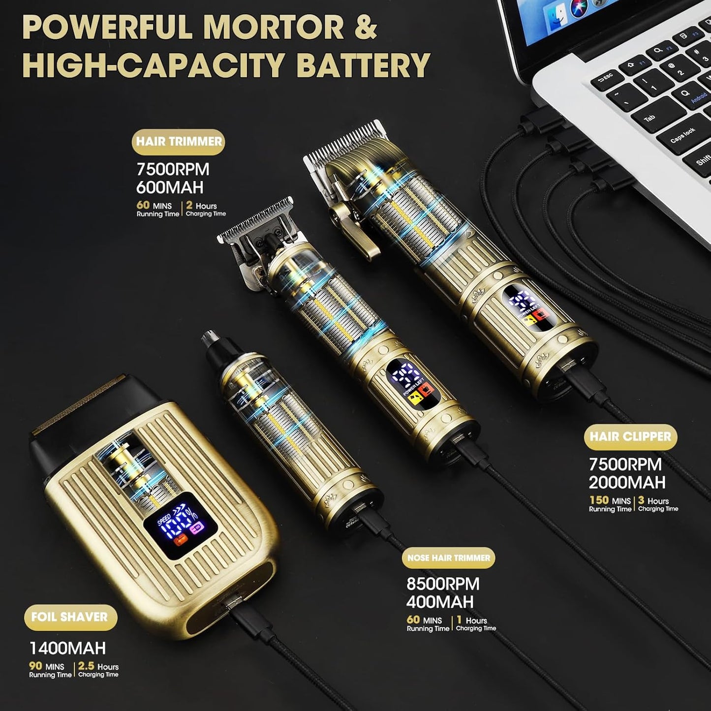 Professional Hair Clippers for Men, Cordless Beard Trimmer, Nose & Ear Hair Trimmer, Electric Shavers Barber Kit with LED Display, Hair Cutting Kit with Case, for Barber, Mens Gift