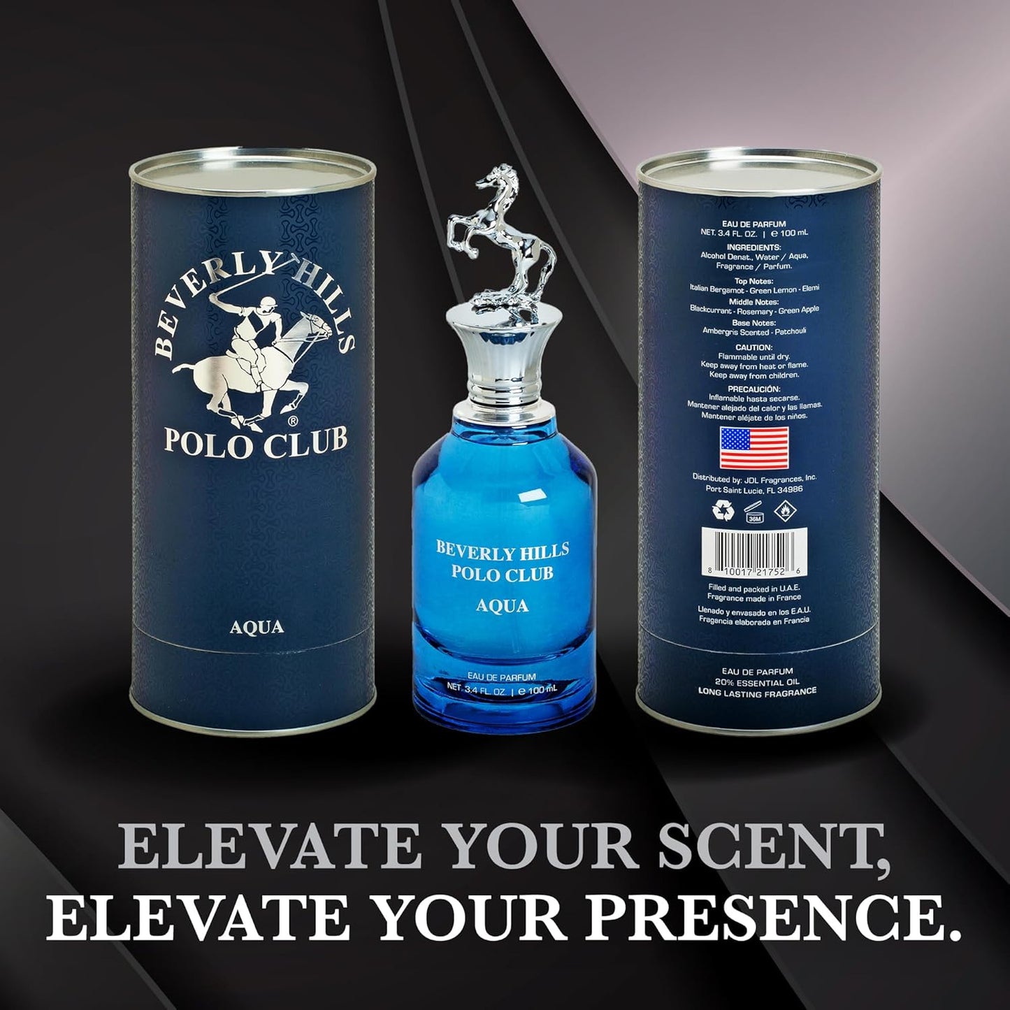 Beverly Hills Polo Club AQUA Eau de Parfum for Men - 3.4 Fl Oz (103.5ml) Long-Lasting Aquatic Fragrance | Sophisticated Scent with Iconic Metal Horse Cap & Premium Cylinder Gift Box