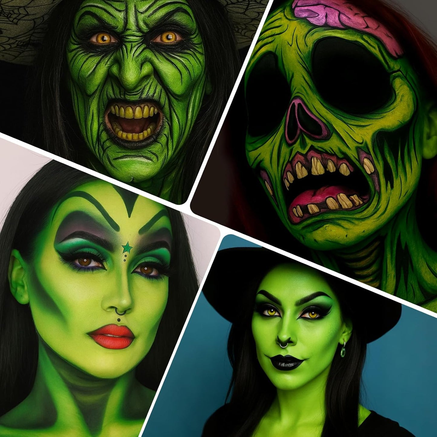 BOBISUKA Light Green & Black Face Body Paint Stick Kit with Black Lipstick & Eyeliner Pen, Setting Powder & 2 Sponges – Halloween Makeup Set for Beetle Juice, Demon, Monsters, Witches & Gothic Looks