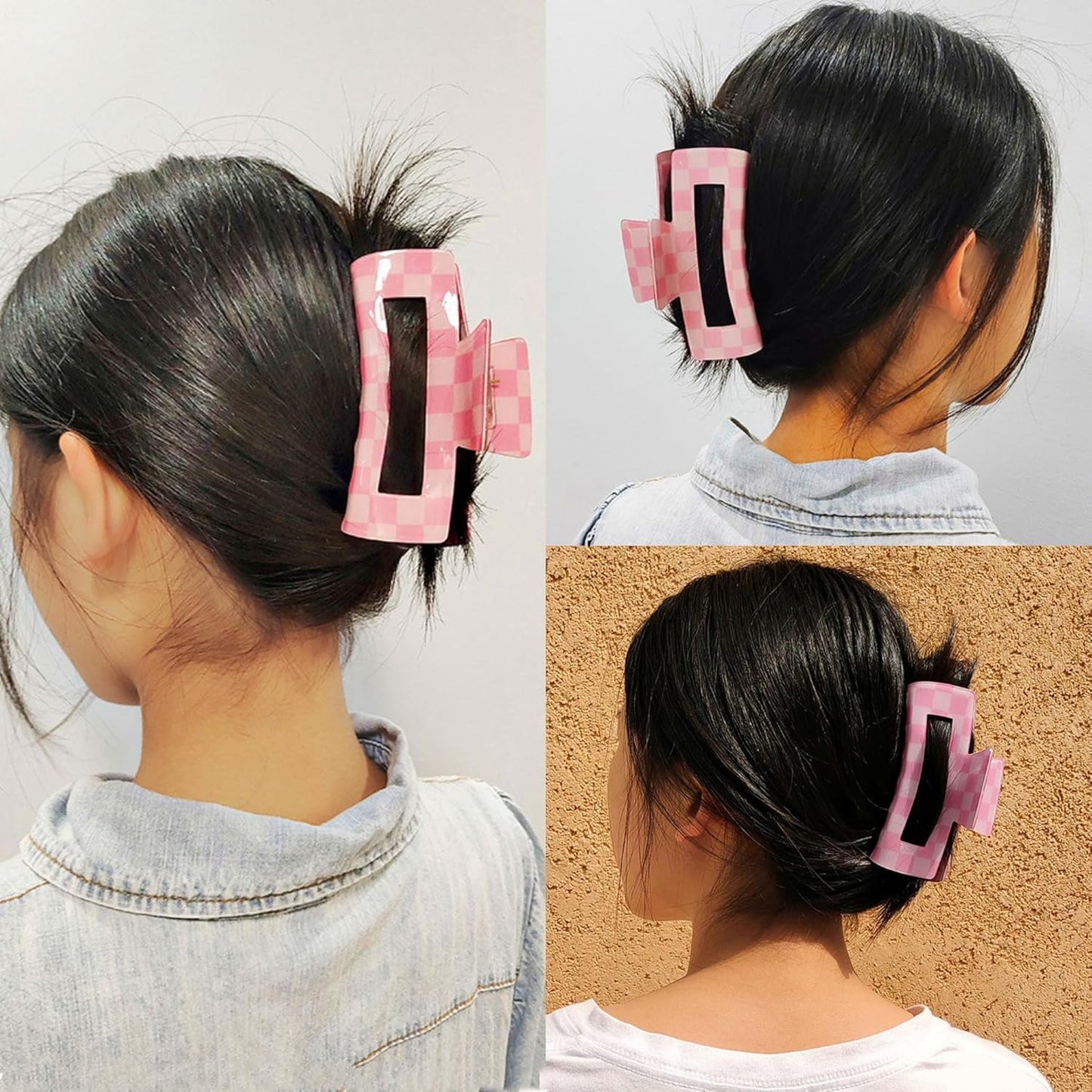 Checkered Rectangle Hair Claw Clips, Large Acrylic Multicolored Square Checker Barrettes for Thin Thick Hair Cute Non Slip Hair Jaw Clips Strong Hold Rectangle Claw Clamps for Women Ladies (4 Pack)