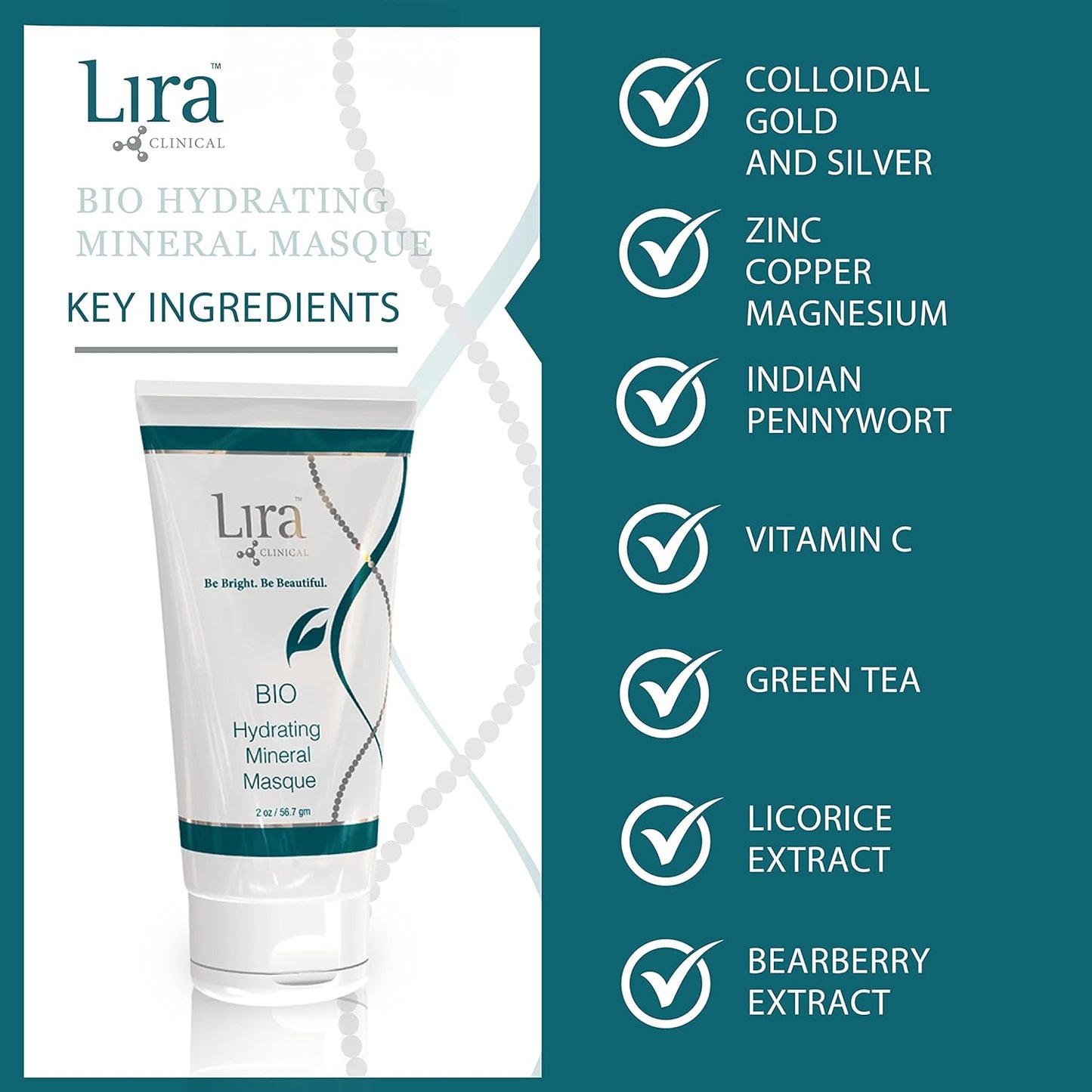 Lira Clinical BIO Hydrating Mineral Masque - Intense Nourishing Mineral Facial Mask with Hyaluronic Acid, Vitamin C & Green Tea - Anti-acne, Anti-Aging For All Skin Types - 2 fl oz