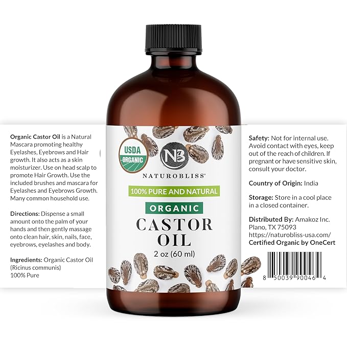 NaturoBliss Castor Oil Organic (2oz), 100% Pure, Cold Pressed, Hexane Free. Volumizing Serum for Hair, Eyelashes, Eyebrows. Hair Treatment Starter Kit & Skin Moisturizer