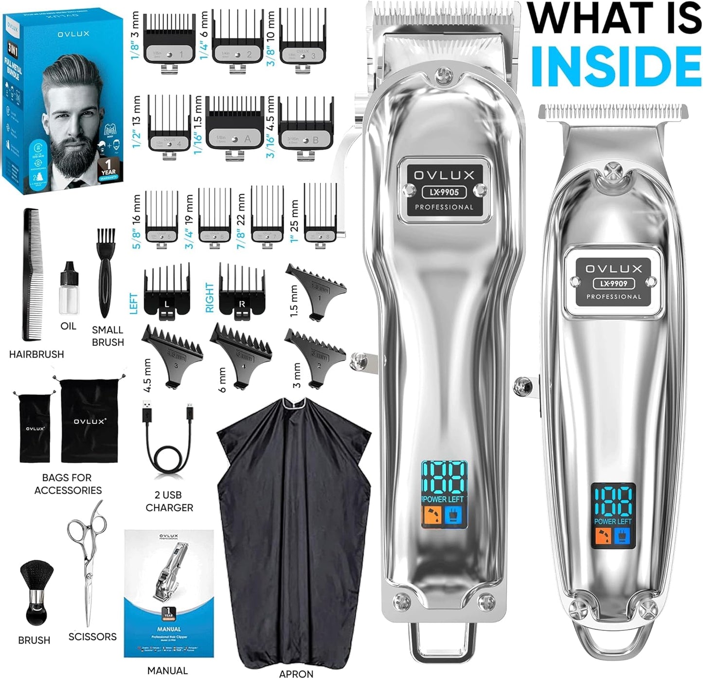 Full Metal Cordless Hair Clippers and Trimmer professional set for Men - Rechargeable Clippers for Hair Cutting, Beard T-Blade Trimmer for men, haircut machine for Self Cutting & Grooming Kit
