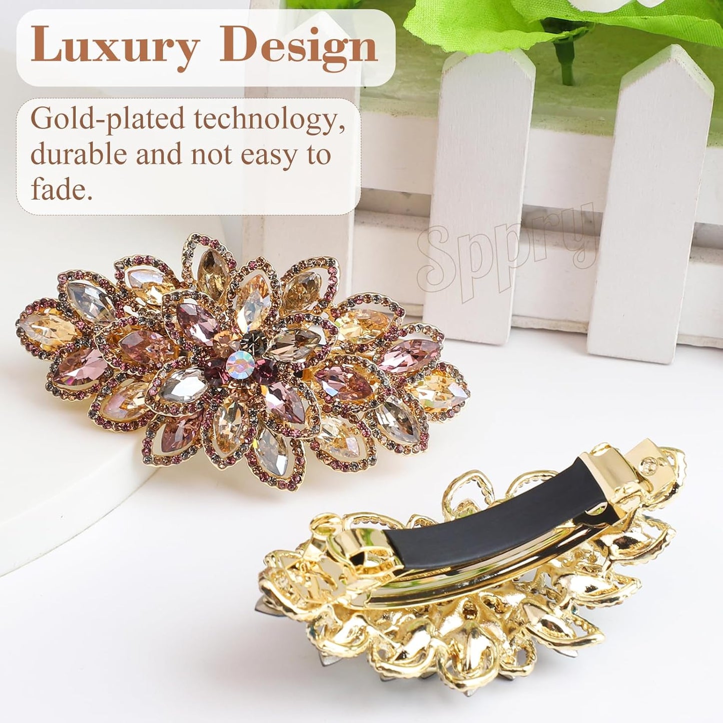 Luxury Gold-plated Rhinestone Hair Barrette for Women, Large Flower Jewelry Design (Colorful)
