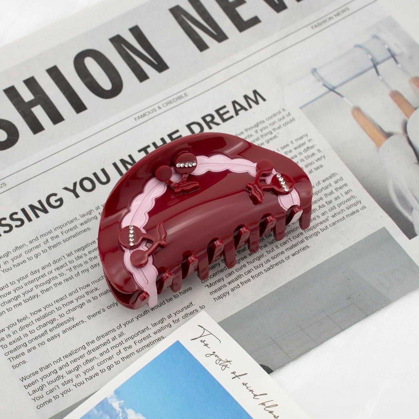 2 Pack Handmade Burgundy & Cream Acetate Claw Clips with Cherry Accents, Cute Cherry Hair Clips for Women, Sturdy Claw Clips for Thick Hair