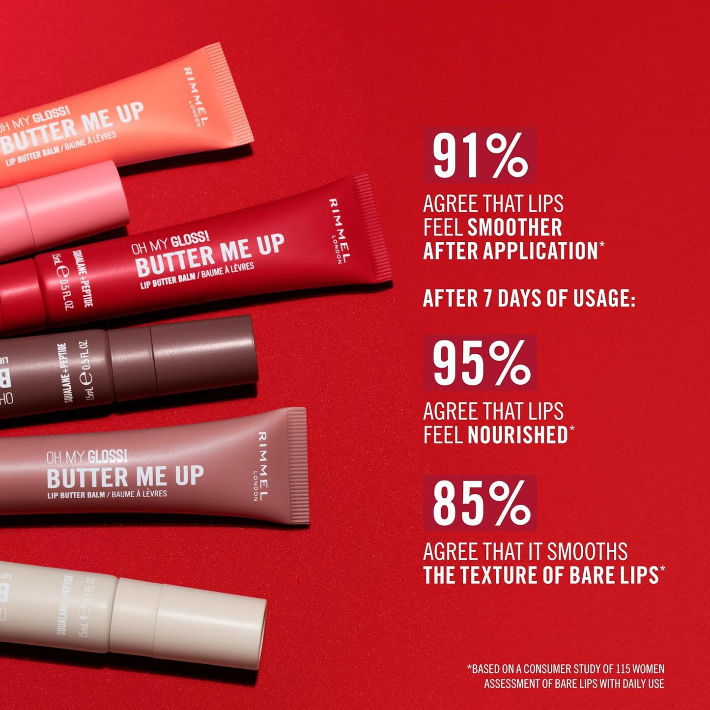 Rimmel London, Oh My Gloss Butter Me Up Lip Butter Balm 005 Red Velvet, Hydrating Lip Balm, Tinted Lip Balm, Lip Care, Hydration, Nourishing, Squalene