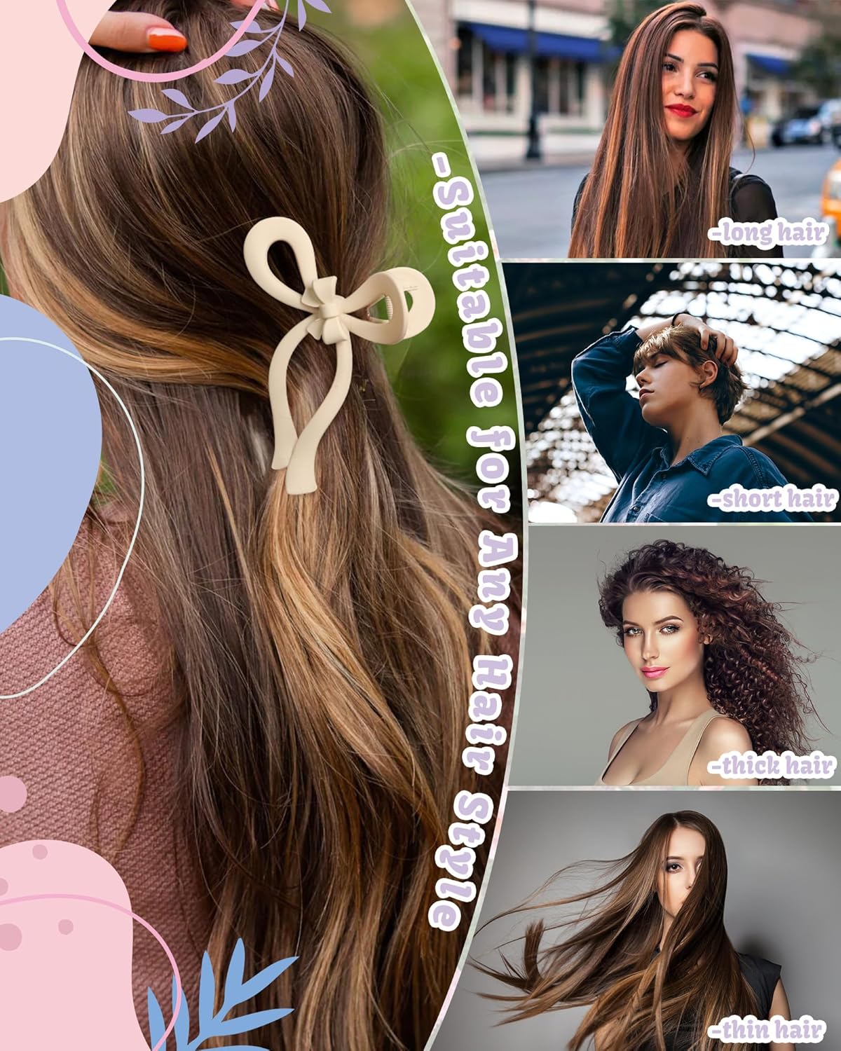 4 PCS Bow Hair Clips Bow Claw Clip for Women Nonslip Large Hair Claw Clips for Thin and Thick Hair Strong Hold Hair Bows (Pink+Blue+Green+Off-White)