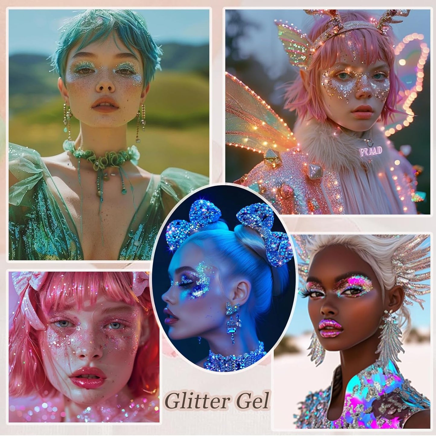 Face Body Glitter, Hair Glitter Sparkles Chunky Face Glitter Gel for Girls Makeup Singer Concerts Mermaid Festival Sequins Face Paint (White+Silver+Pink+Red+Green)
