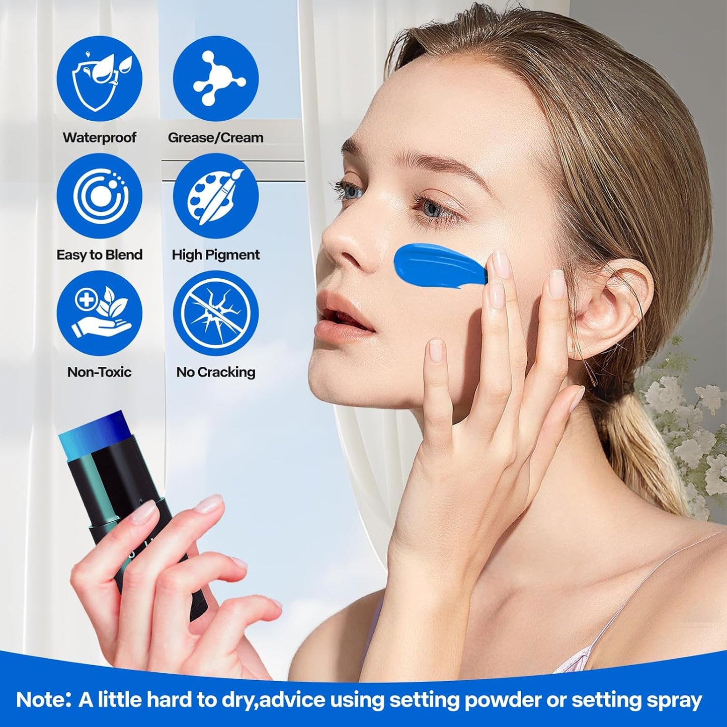 Go Ho Cream-Blendable Blue Face Paint Stick (1.06 Oz),Full-coverage Royal Blue Face Body Paint for Adults Children Halloween Cosplay Avatar Smurf Clown SFX Makeup,Waterproof Sport Eye Black Stick