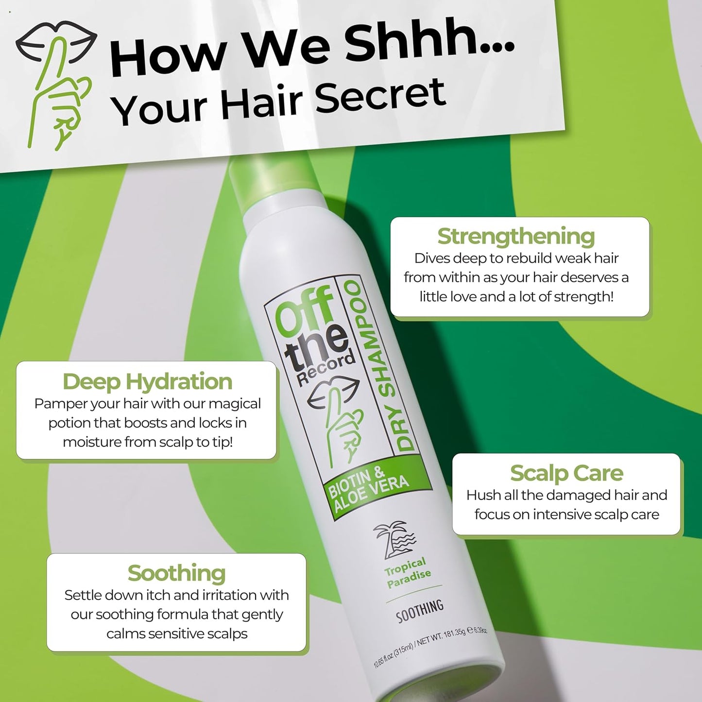 OFF THE RECORD Dry Shampoo - Tropical Paradise | Soothing & Hydrating | Biotin + Aloe Vera | Scalp Nourishment & Hair Strengthening | 10.65 oz