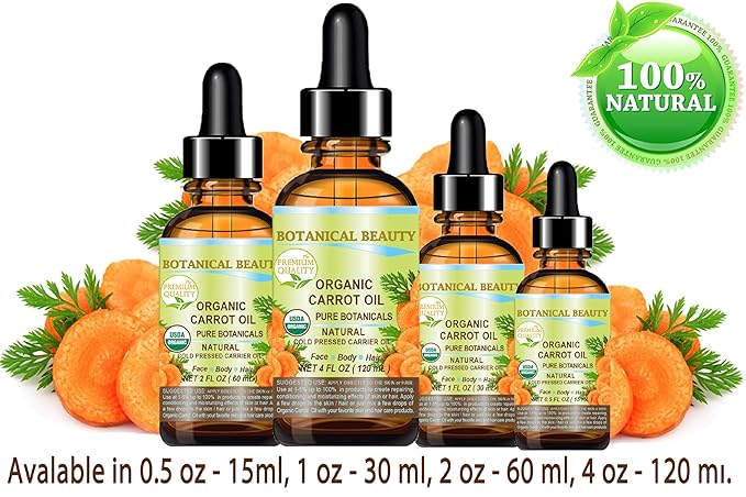 Botanical Beauty Organic CARROT SEED OIL 100% Pure VIRGIN UNREFINED Undiluted Cold Pressed Carrier Oil 2 Fl.oz.‐ 60 ml. for Face, Skin, Body, Hair, Lip, Nails. Rich in Beta Carotene, Vitamin E