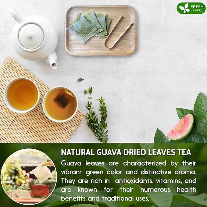 FreshDrinkUS, Premium 35 Guava Leaf Tea Bags, 100% Natural & Pure from Guava Leaves. Loose Leaf Guava Herbal Tea. Guava Leaf Tea. No Sugar, No Caffeine, No Gluten, Vegan.