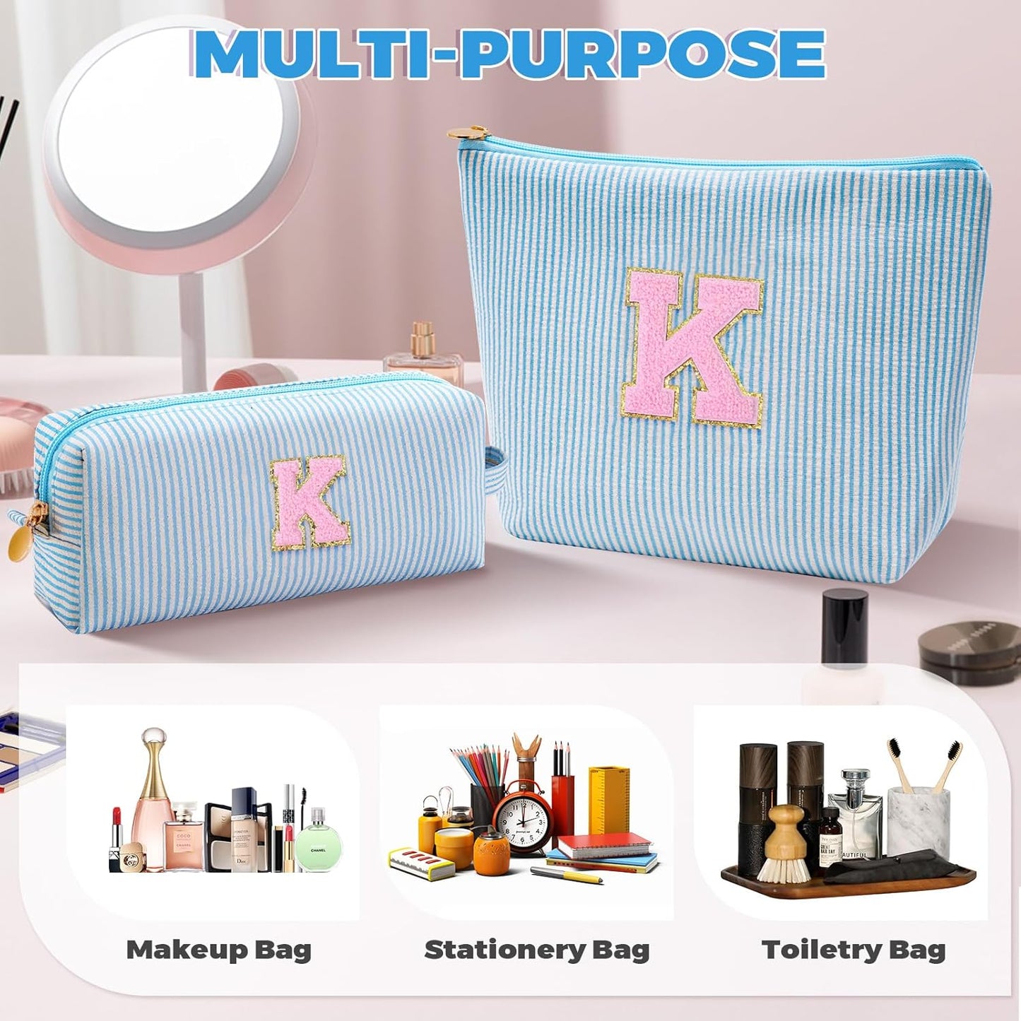 Monogrammed Gifts for Women - Cosmetic Bag for Teen,Initial Cute Makeup Bag Set for Women,Trendy Pouch for Niece Sister Friend Female Her,Birthday Gifts for Daughter - Blue,K