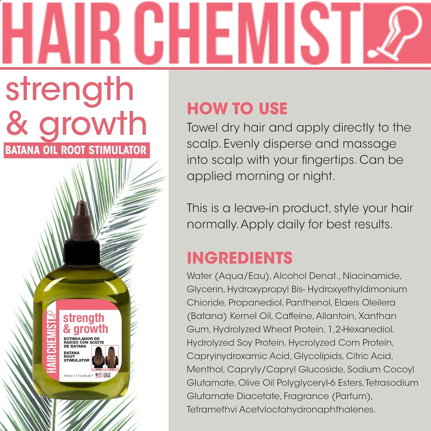 Hair Chemist Strength & Growth Batana Root Stimulator 7.1 oz. - Batana Oil Hair Treatment, Revitalize & Nourish Hair