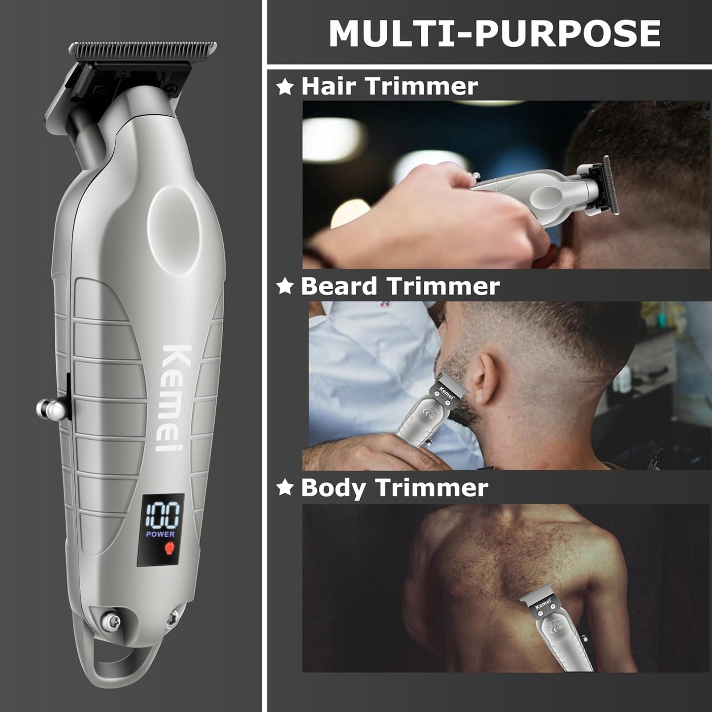 KEMEI 2293 Professional Hair/Beard Trimmer for Men Zero Gapped Hair Clippers for Barber with T Blade, Cordless Rechargeable, Silvery