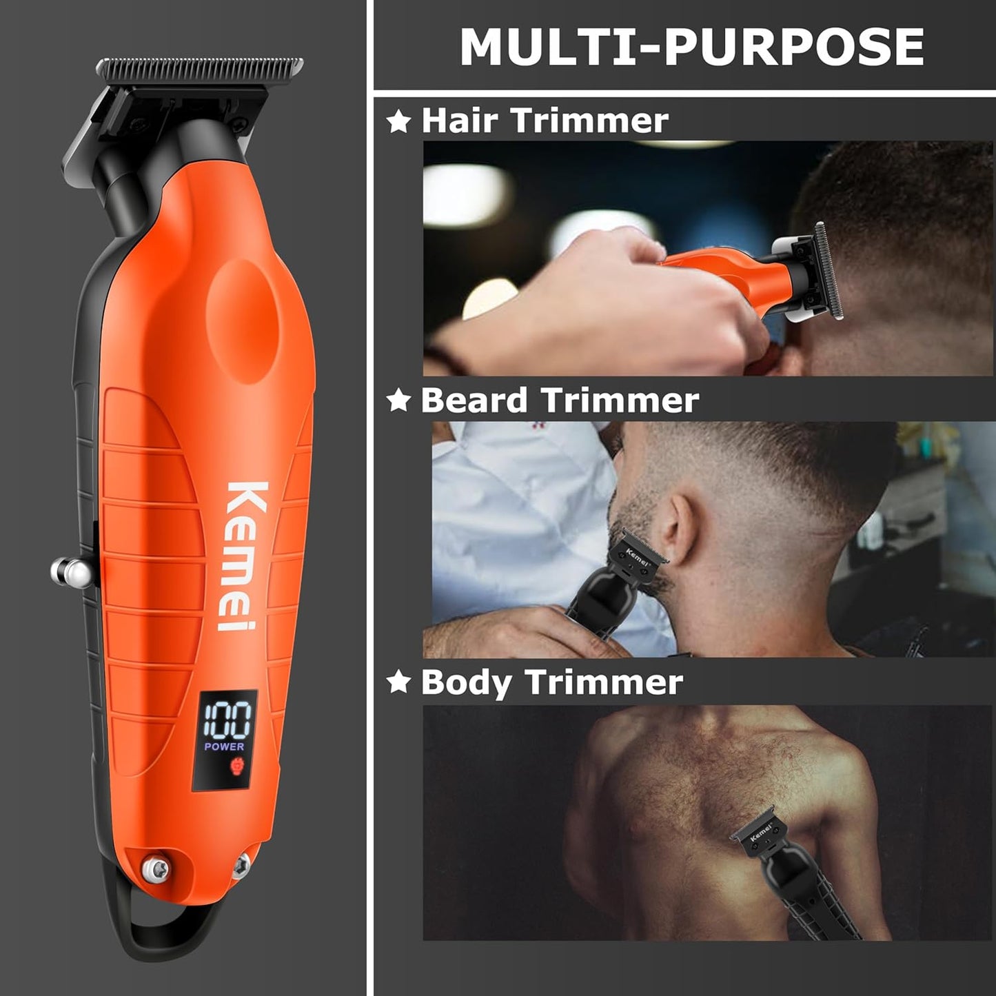 KEMEI 2293 Professional Hair/Beard Trimmer for Men Zero Gapped Hair Clippers for Barber with T Blade, Cordless Rechargeable, Orange