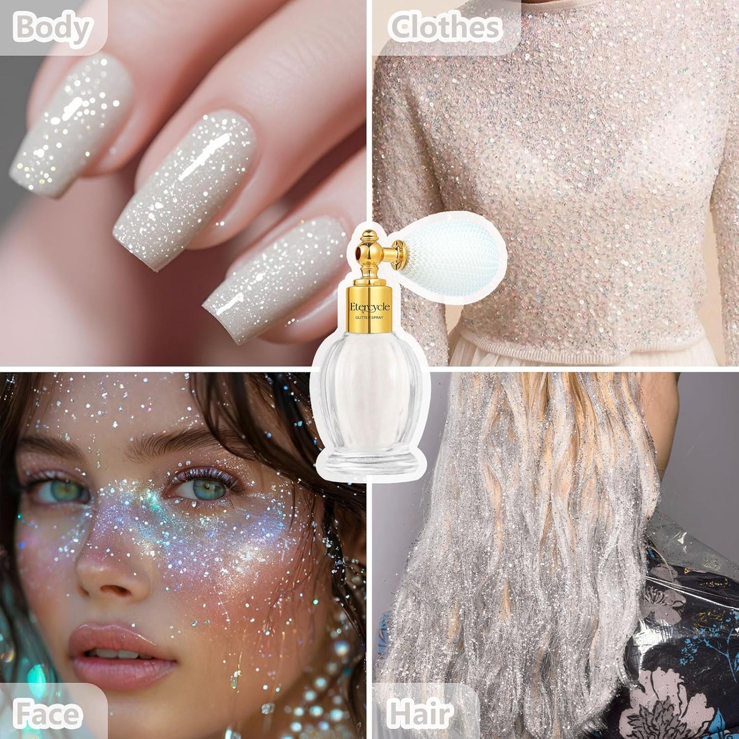 Etercycle Glitter Makeup Spray, White Fine Glitter Spray for Hair and Body, Extra Fine Face Glitter Makeup Sparkly Gifts for Clothes Nail Art Craft Design Easter Christmas Halloween Crafts