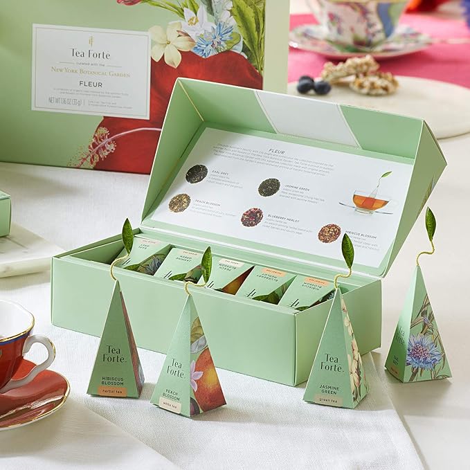 Tea Forte Fleur Petite Presentation Box Mother's Day Tea Gift Set Sampler, 10 Count, 2 of Each Variety Individually Wrapped Handcrafted Pyramid Infuser Bags
