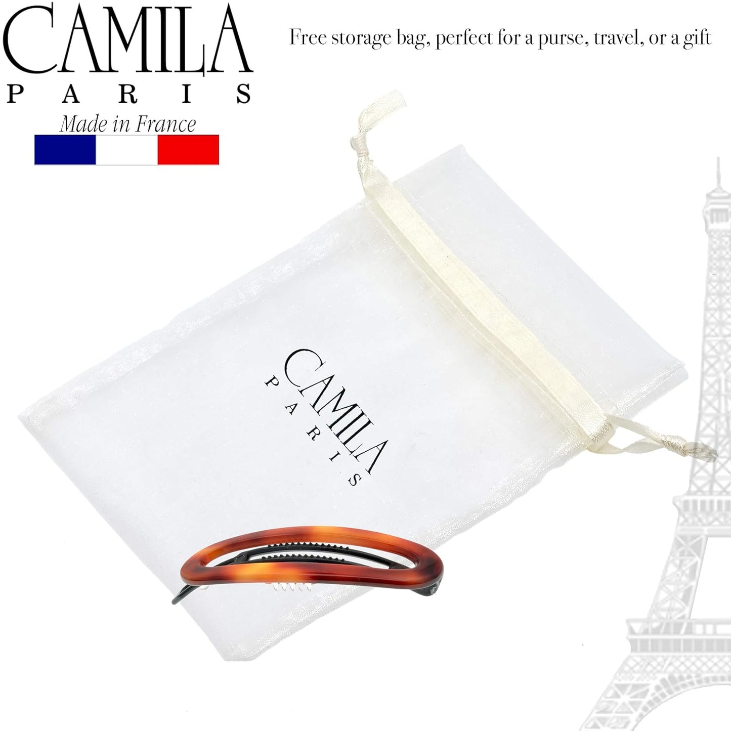 Camila Paris CP2249 French Hair Barrette Clip for Women, Handmade, Side Slide-in Metal-Free Closure Strong Hold Grip Hair Clips for Girls, No Slip Durable Styling Hair Accessories, Made in France