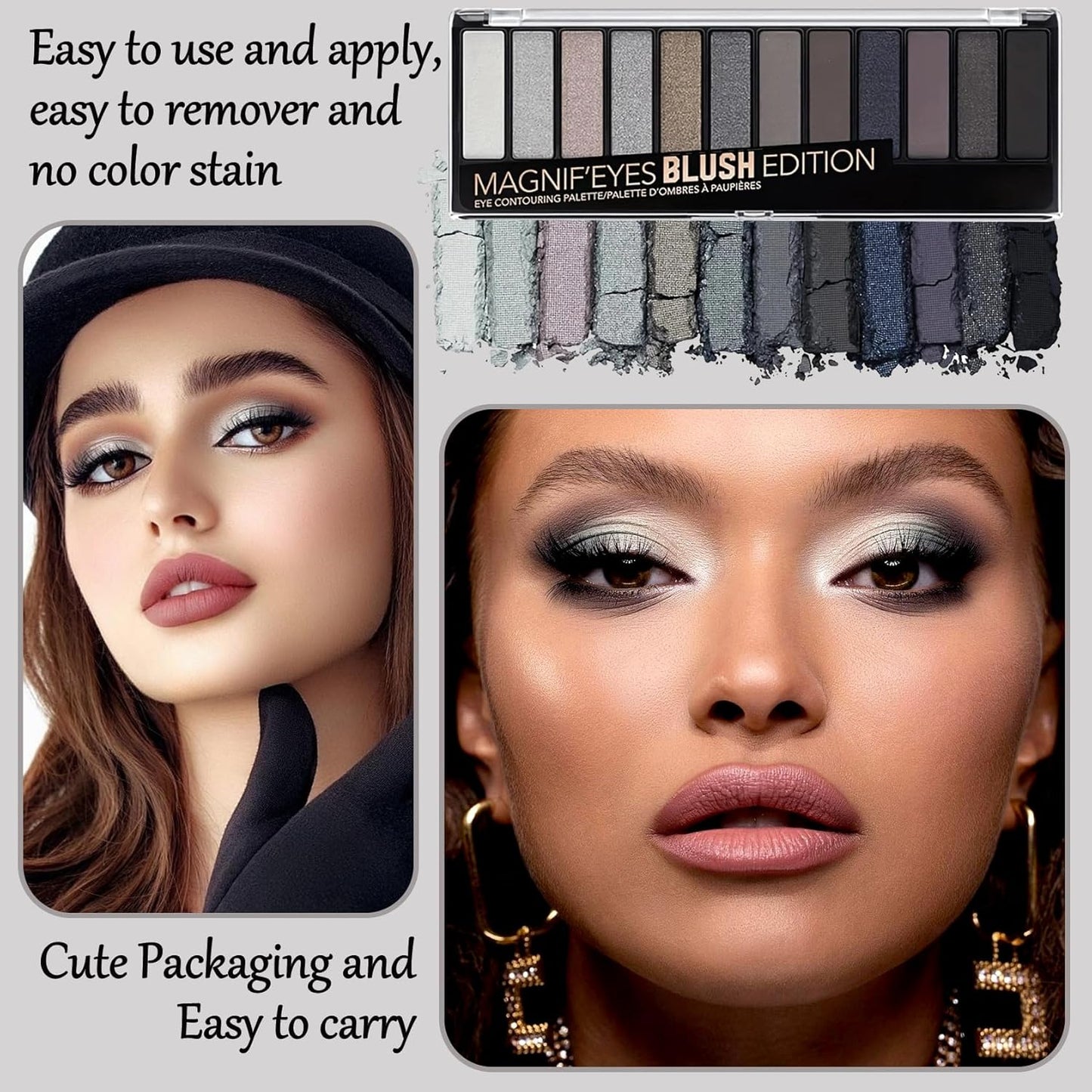 Black Grey Smoky Eyeshadow Palette,15 Colors Matte Shimmer Pigmented Eye Shadow Makeup Palette Set with 3 Eyeshadow Brushes,Glitter Eyeshadow Makeup Palette for Daily Halloween Goth Makeup(G)