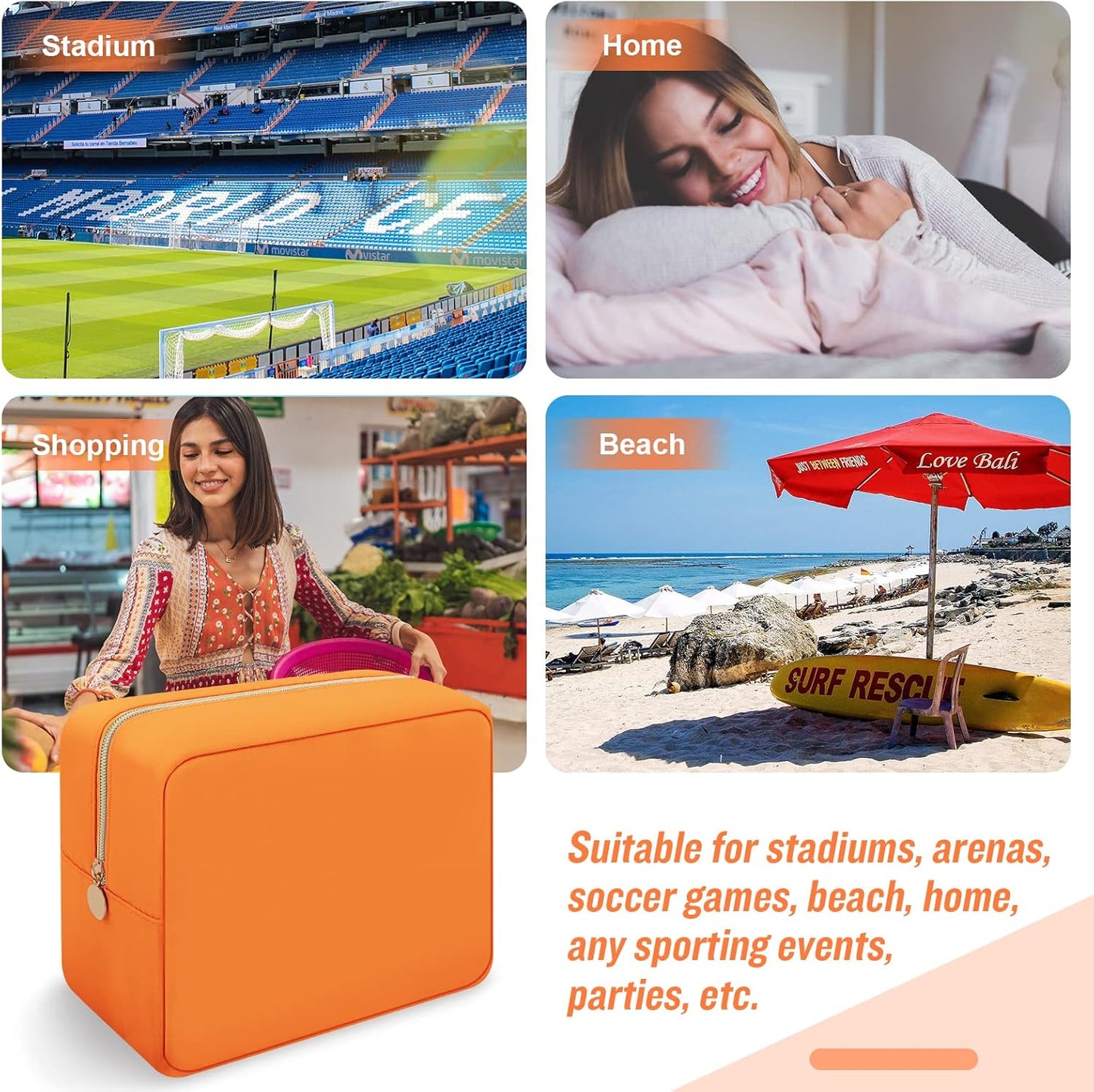 Iqimott Nylon Large Makeup Bag Travel Pouch, Preppy Cosmetic Organizer, Waterproof Toiletry Zipper Storage for Women Girls Teens (Orange)